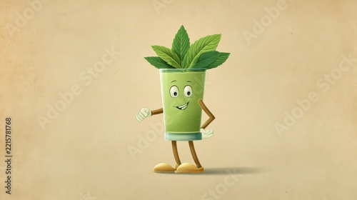 Smiling anthropomorphic green potted plant character with leafy crown