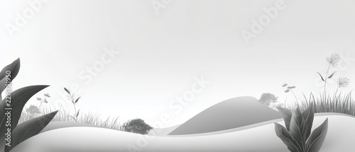 Monochrome Botanical Landscape with Rolling Hills and Open Copy Space