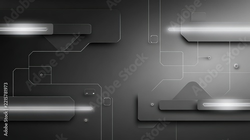 Abstract dark geometric interface with glowing metallic lines and panels