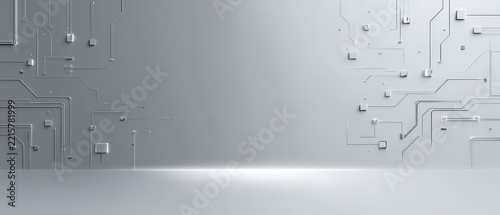 Minimal Gray Circuit Pattern Wall with Futuristic Geometric Traces