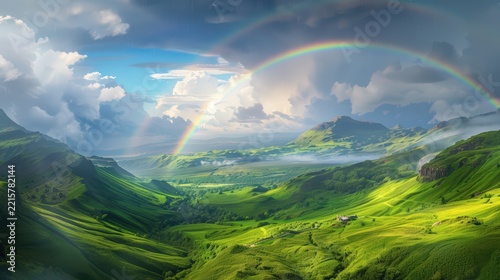 Rainbow Over Lush Green Mountain Valley Beneath Dramatic Storm Clouds
