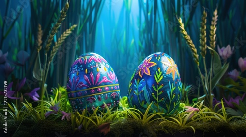 Colorful Floral Easter Eggs Resting in a Lush Enchanted Woodland