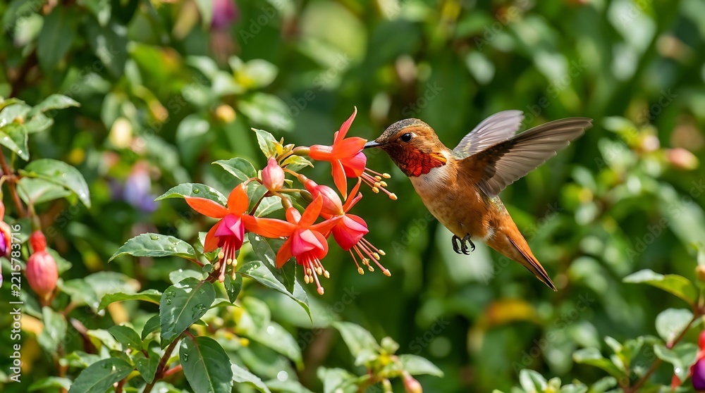 Fototapeta premium Ruby-throated Hummingbird hovering at red Fuchsia blossoms, nature wildlife photo