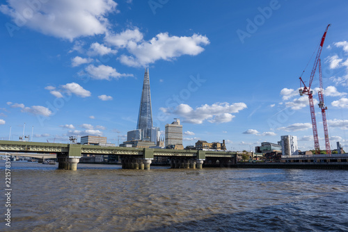 The Shard, Cannon Street Railway Bridge, and River Thames, London. 