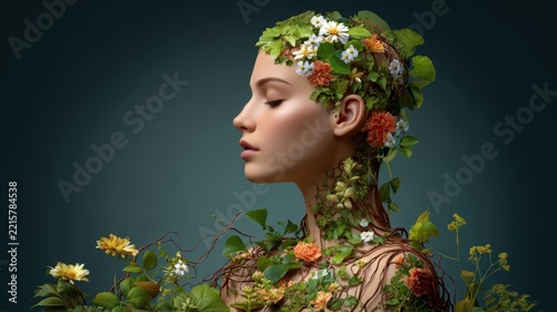 Side Profile Portrait of Woman Adorned with Flowers, Leaves, and Vines