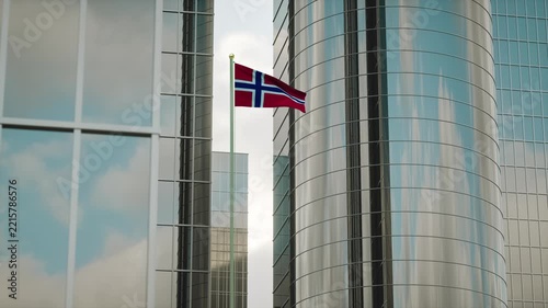 Norway Flag 3D Render Animation on Pole with City Buildings