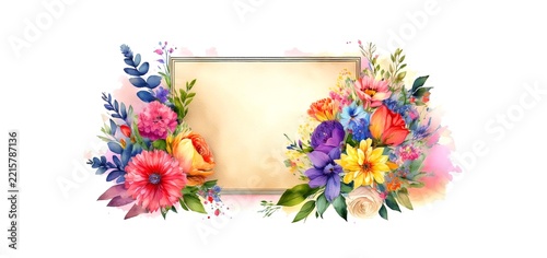 Watercolor floral greeting card template with colorful flower bouquets and empty frame for text on white background