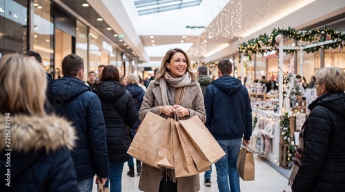 Woman Carrying Shopping Bags In Busy Mall During Black Friday Sale And Holiday Shopping Season