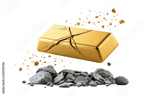 Broken gold bar with stone rubble isolated on transparent background PNG cutout