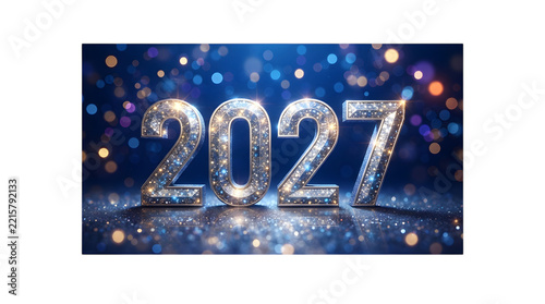 2027 New Year glitter numbers on a dark blue bokeh background