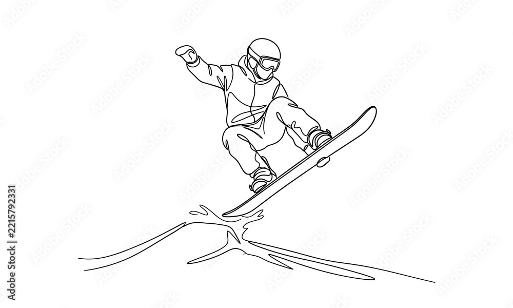 Fototapeta premium winter season one line art vector editable design new 2026 Skier performing a jump trick on snowboard with outstretched arms isolated on transparent background, Vector, illustration