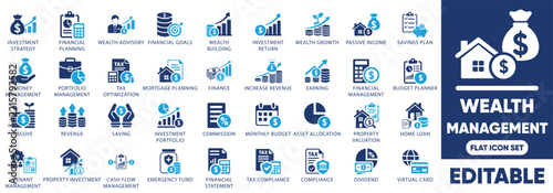 Wealth management icon set. featuring financial planning, asset allocation, passive income, tax optimization, and investment portfolio.