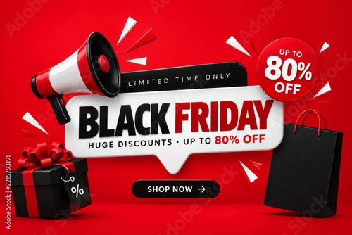 Black friday promotional poster with red megaphone and shopping bag for huge discount campaigns.