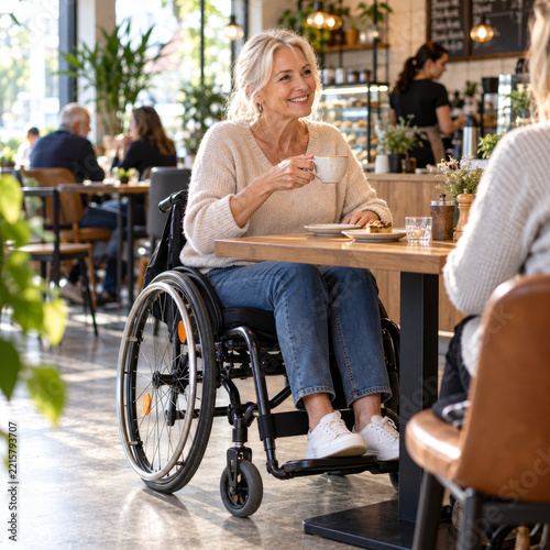 Older woman using a hearing aid while enjoying coffee with a friend