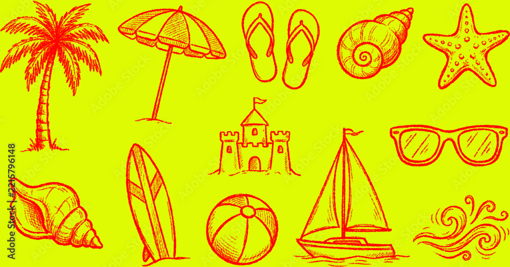 Fototapeta premium Summer vacation beach themed hand-drawn red doodle icons set on bright yellow background for travel holiday designs and promotions.
