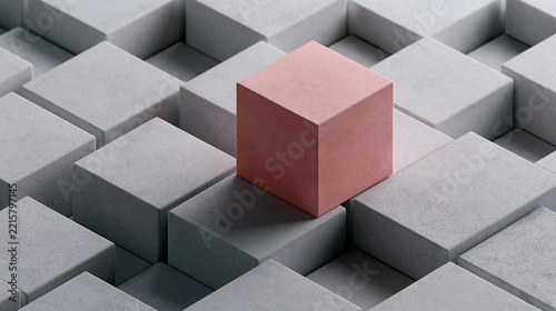 Pink Cube Standing Out from Gray Blocks Concept