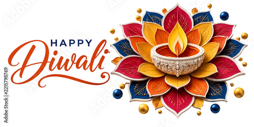 Happy diwali greeting text with a lit diya oil lamp resting on colorful lotus flower petals indian culture hindu festival