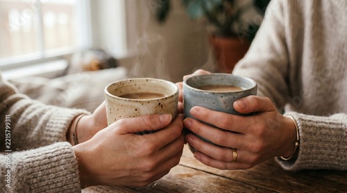 Diverse Hands Holding Artisanal Stoneware Mugs At Sunrise