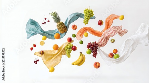 Surreal Still Life Of Floating Fruit And Fabric