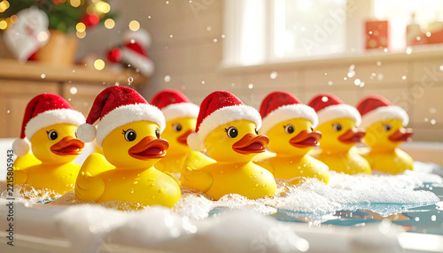 Flock of rubber ducks in Santa hats, in a bathtub.