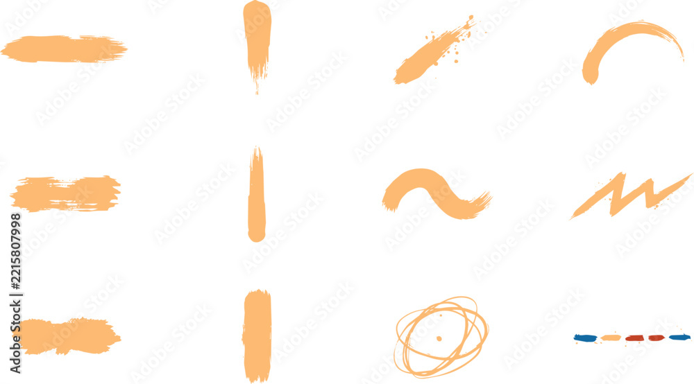 Fototapeta premium Set of twelve distinct orange paint brush strokes and shapes including lines, curves, and scribbles isolated on a white background