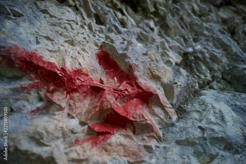 Red trail marker painted on rough rock face in the mountains