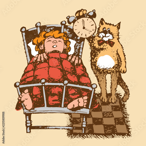 Cheerful cat wakes its owner early in the morning. Color sketch, outline, or draft. Vector illustration