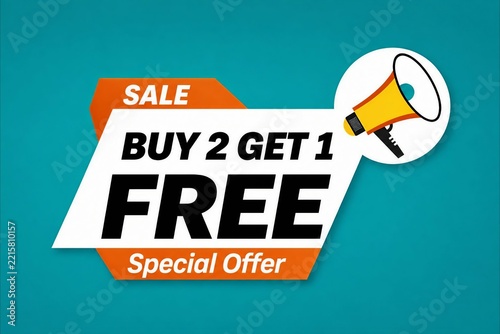 Buy 2 get 1 free sale special offer promotion banner with megaphone icon