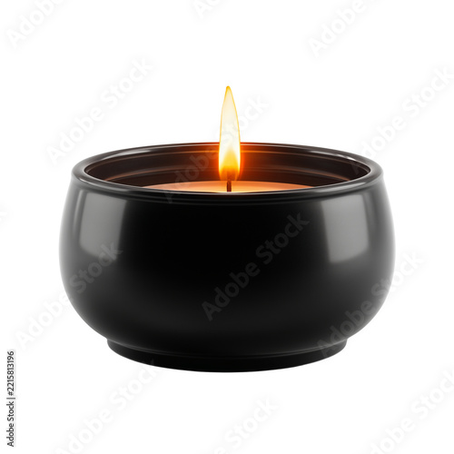 Elegant black candle in ceramic bowl with lit flame for home decoration and relaxation