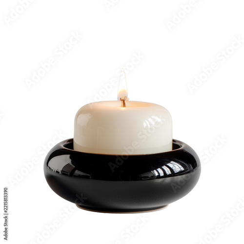 Elegant black ceramic candle holder with lit white pillar candle on transparent background