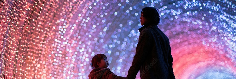 Fototapeta premium Parent and child silhouette in a colorful illuminated tunnel with glittering bokeh lights for wallpaper and poster design
