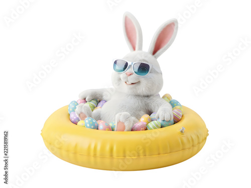 Cute white bunny sitting on yellow inflatable ring