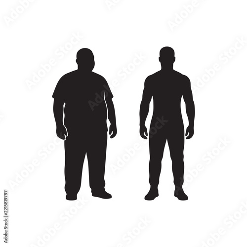 Overweight man and fit man silhouette icon vector flat design on white background