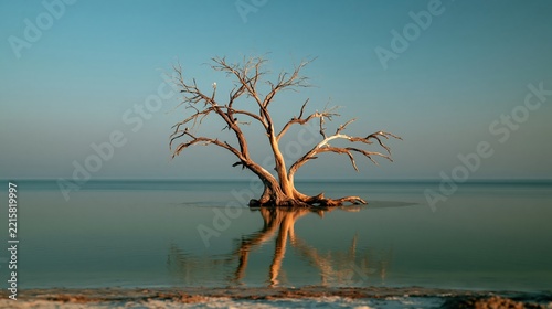 Solitary tree with rough bark reflecting in still off-white water, a tranquil coastal landscape with copy space for minimal backgrounds