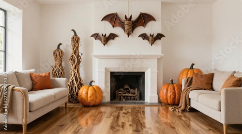 Cozy living room decorated for Halloween with pumpkins, hanging bats on the fireplace mantel, and comfortable beige sofas