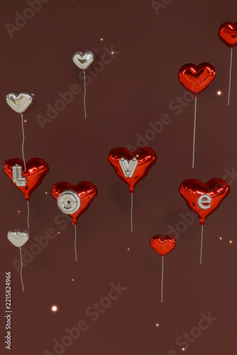 3D Scene render romantic red heart balloons floating in a dreamy  text love lyrics to celebrate valentines day