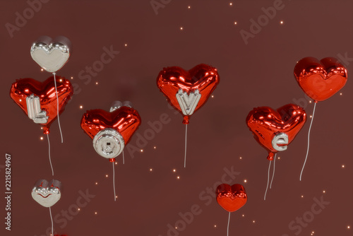 Render 3D Shiny metallic heart balloons celebrating love and romance to celebrate valentines day