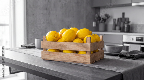Lemon crate on kitchen table with bowls and utensils in modern home setting Generative AI