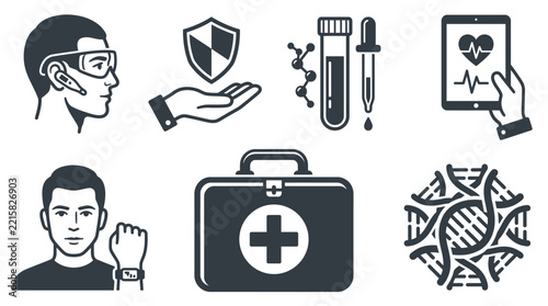 Set of medical and healthcare icons featuring a diagnostic vector illustration with DNA strand and first aid kit design elements