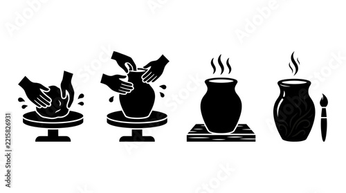 Set of pottery making process icons featuring hand molding and firing of clay vessels in a minimalist vector style design