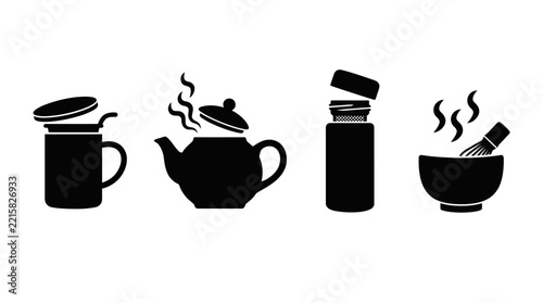 Set of black silhouette vector icons representing various tea preparation tools including teapots cups and bamboo whisks for infusion and steeping