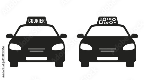 Set of vector courier car and vehicle service icons featuring minimalist black silhouette designs for logistics and transportation industry