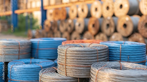 Stacked coils of industrial blue and grey metal wire rope in warehouse storage area