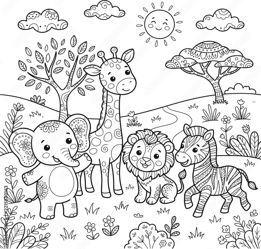 Obraz premium A cute safari animal scene featuring a lion giraffe elephant and zebra for a fun kids color book page