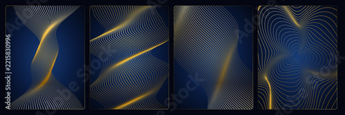 Set of abstract dark blue and gold vector wave backgrounds, luxury dynamic golden lines designs