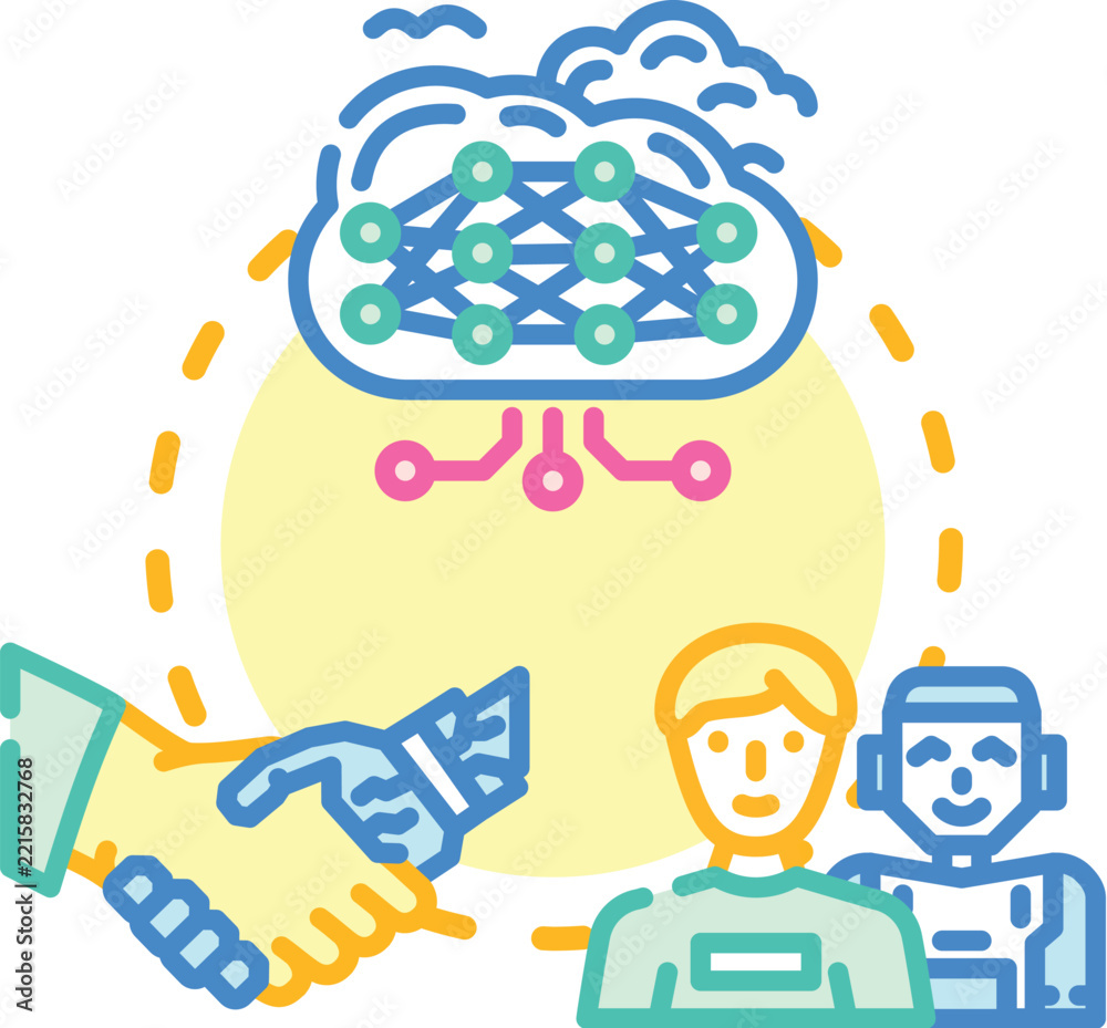 Fototapeta premium Human and artificial intelligence hands shaking within gears and a briefcase symbolize strong partnerships and effective teamwork. Developing innovative ai solutions through shared vision and progress