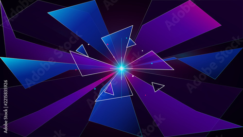 Abstract geometric explosion with vibrant neon light and triangular shards radiating from a central bright point against a dark background