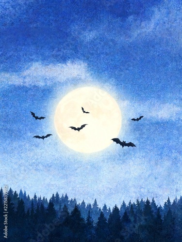 Bats Flying across a Full Moon above an Indigo Forest