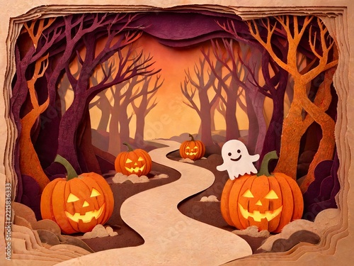 Paper Cut Halloween Forest with a Friendly Ghost and Pumpkins