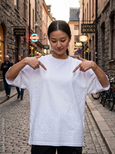 Asian woman wearing a white t-shirt points downwards with her fingers while standing on a European cobblestone street.